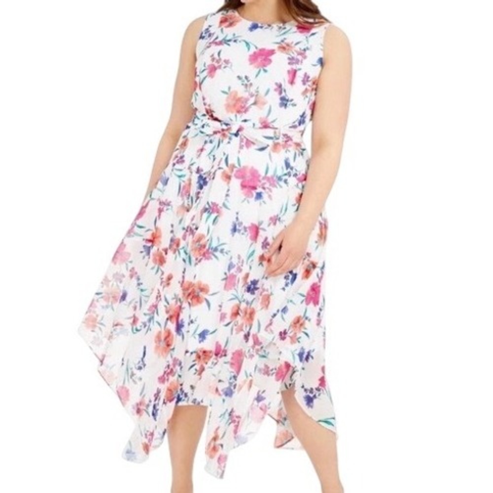 Calvin Klein Womens Floral Shark Bite Hem Sleeveless Midi Dress Sz 20W Feminine